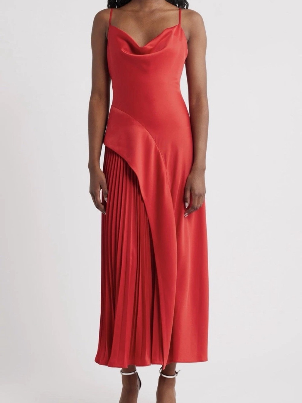 Lulu's Red Satin Cowl Neck Pleated Maxi Dress